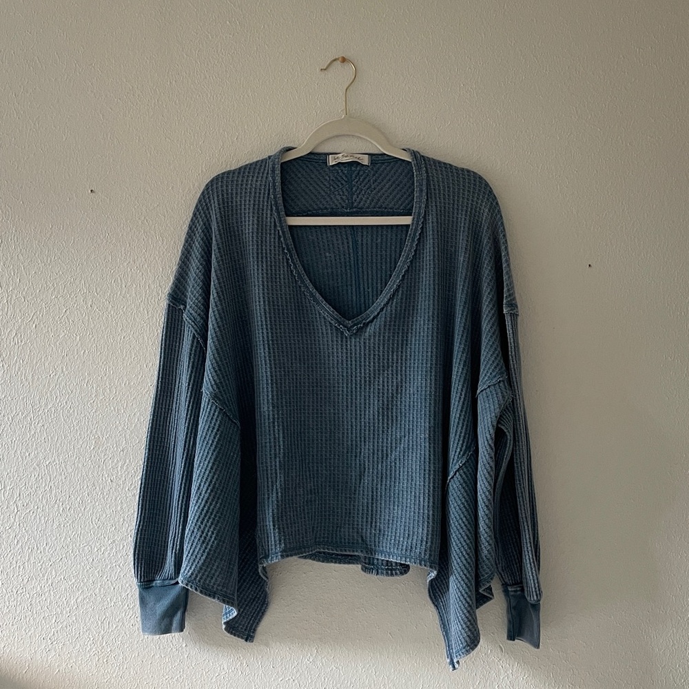 Free People Coraline Thermal Top Oversized Boho Waffle Vneck Beach Coastal Blue
